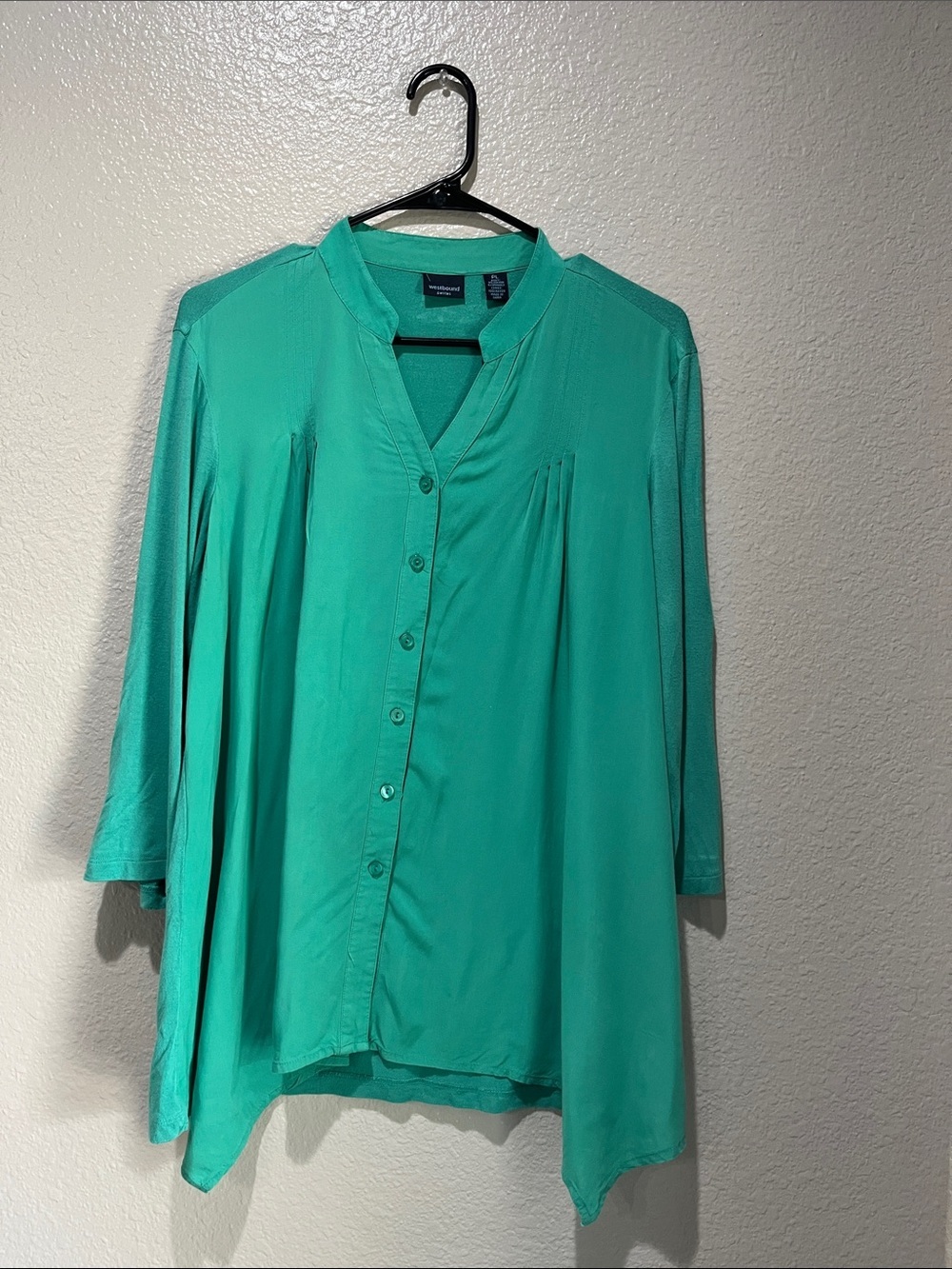 Westbound Petites Teal Green Button-Front Tunic Blouse Sz PL Flowy Lightweight